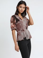 Religion Pink Violet V-Neck Top In Neutral Ocelot Print With Puff Sleeves And Stud Trim - Image 4 of 6