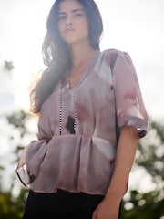 Religion Pink Violet V-Neck Top In Neutral Ocelot Print With Puff Sleeves And Stud Trim - Image 5 of 6