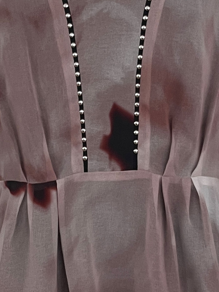 Religion Pink Violet V-Neck Top In Neutral Ocelot Print With Puff Sleeves And Stud Trim - Image 6 of 6