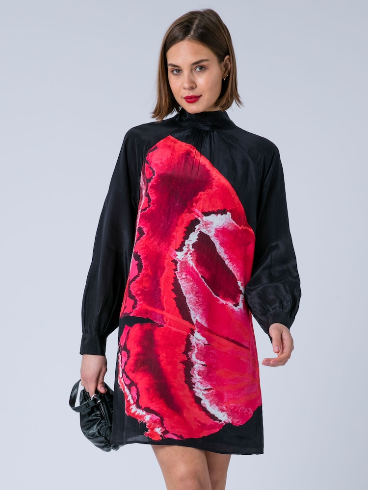 Religion Red Lauren Tunic Mini Occasion Dress With Sash Neck Tie In Large Floral Ascent Print - Image 1 of 7