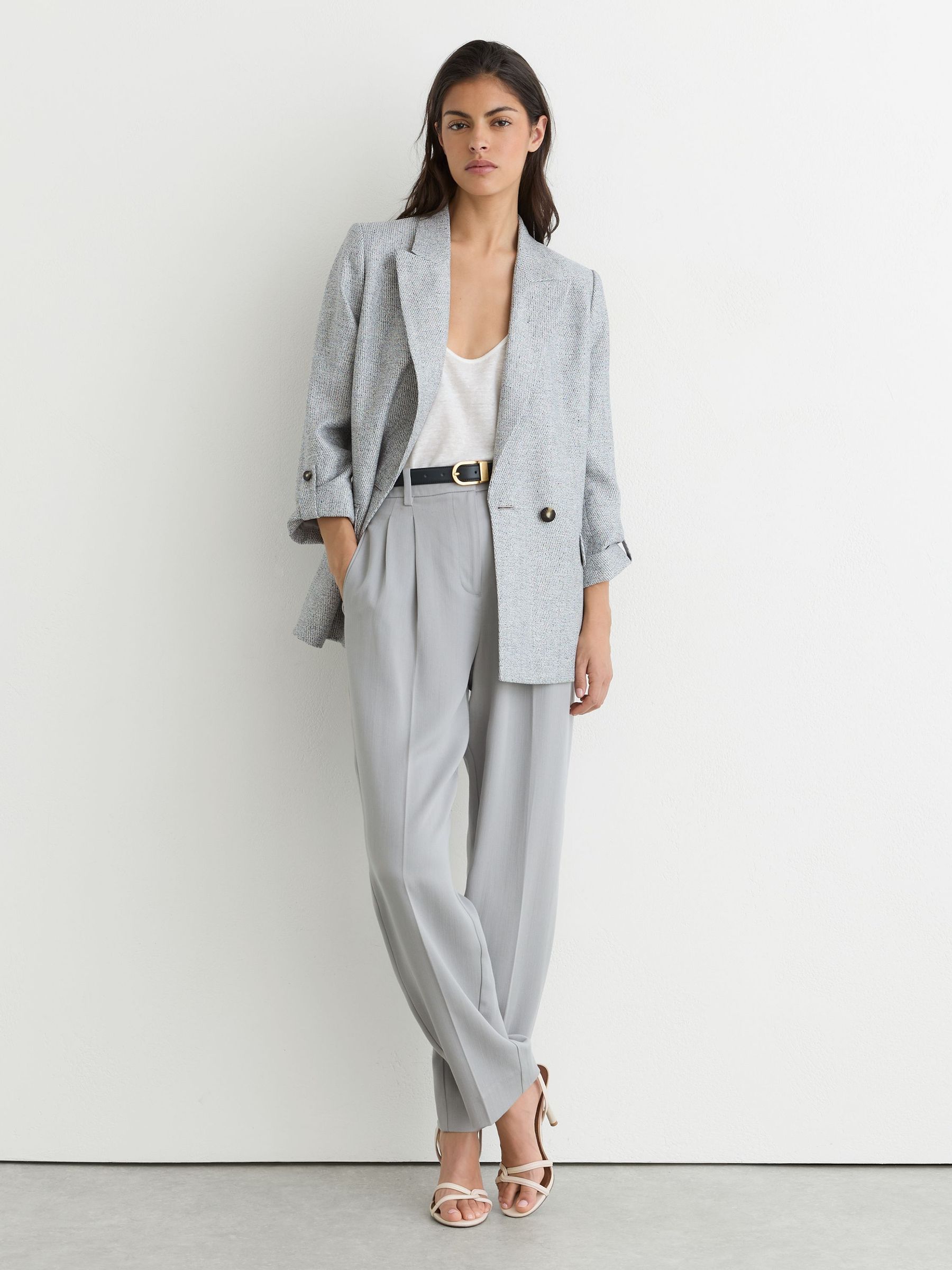 Reiss Pale Blue Petite Linen-blend Textured Double-breasted Blazer