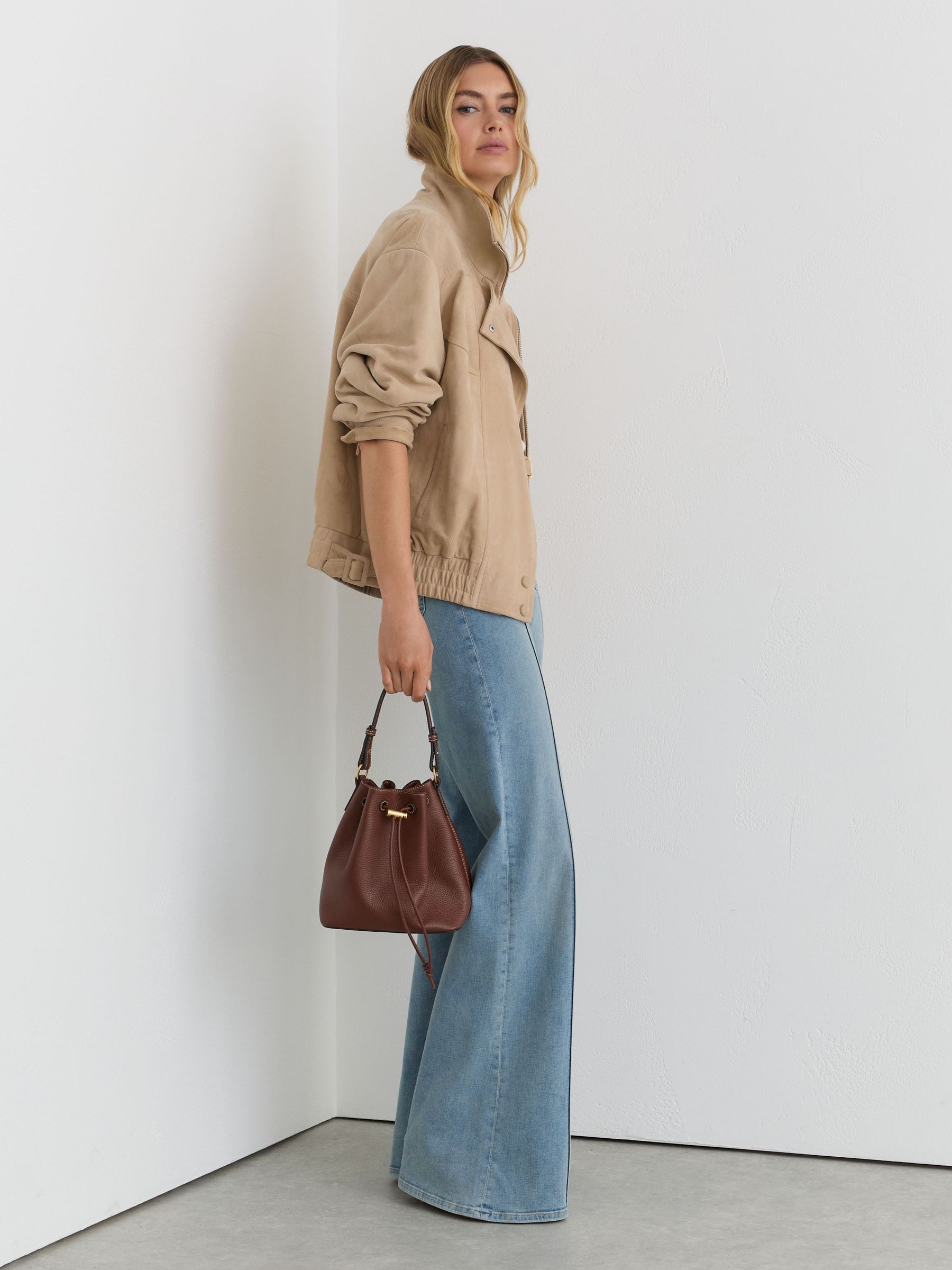 Reiss Neutral Petite Suede Oversized Jacket