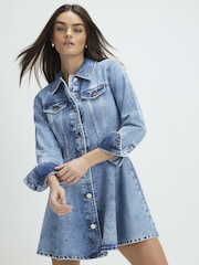 River Island Blue A line Button Through Denim Mini Dress - Image 2 of 4