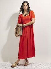 River Island Red Puff Sleeve Shirred Midi Dress - Image 1 of 4