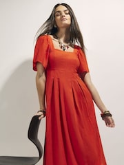 River Island Red Puff Sleeve Shirred Midi Dress - Image 3 of 4