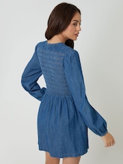 Threadbare Blue Shirred Denim Button Up Mini Dress - Image 4 of 5