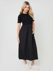 Threadbare Black 2-in-1 Jersey Poplin Mix Crew Neck Midi Dress - Image 1 of 4