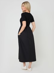 Threadbare Black 2-in-1 Jersey Poplin Mix Crew Neck Midi Dress - Image 2 of 4