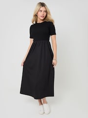 Threadbare Black 2-in-1 Jersey Poplin Mix Crew Neck Midi Dress - Image 3 of 4