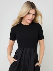 Threadbare Black 2-in-1 Jersey Poplin Mix Crew Neck Midi Dress - Image 4 of 4