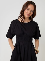 Zwart - Threadbare Elasticated Waist Cotton Poplin Midi Dress - Afbeelding 5 van 5