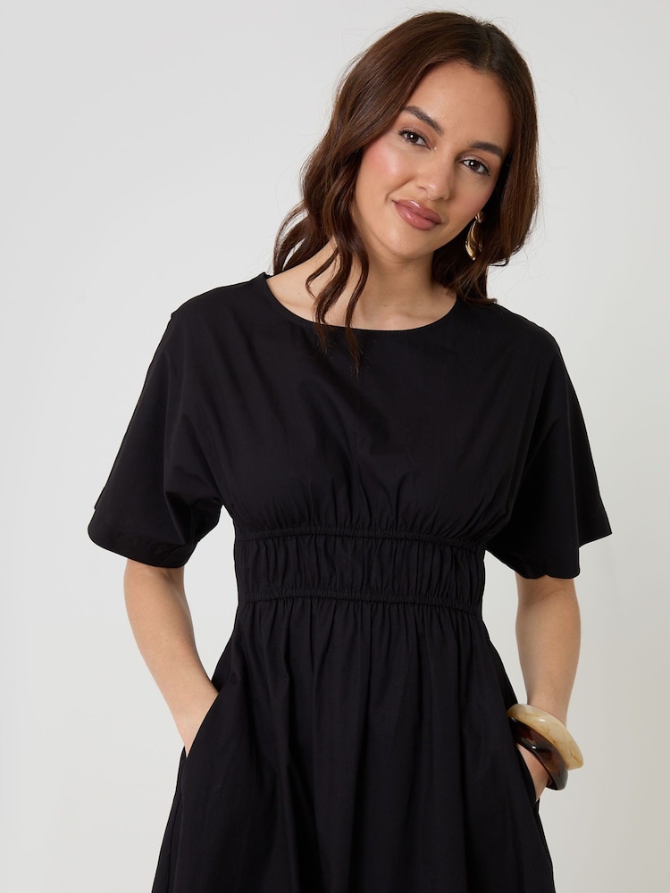 Zwart - Threadbare Elasticated Waist Cotton Poplin Midi Dress - Afbeelding 5 van 5
