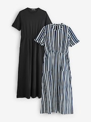 Threadbare Black Crew Neck Jersey Midi Dresses with Patch Pockets 2 Pack - Image 1 of 6