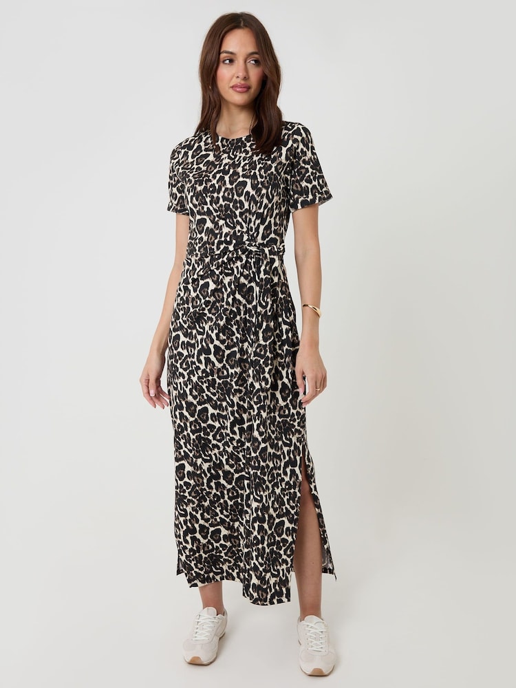 Threadbare Animal Tie Front Side Split Cotton Jersey Midi Dress - Image 1 of 4