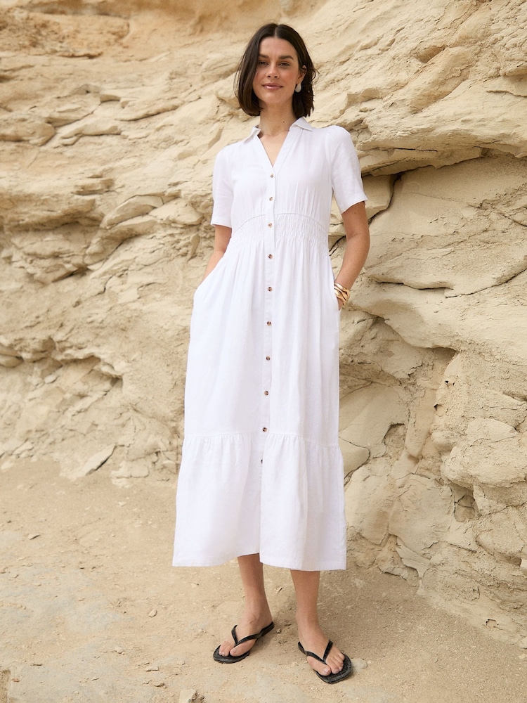Threadbare White Tiered Linen Blend V-Neck Maxi Dress - Image 1 of 4 Threadbare White Tiered Linen Blend V-Neck Maxi Dress - Image 1 of 4