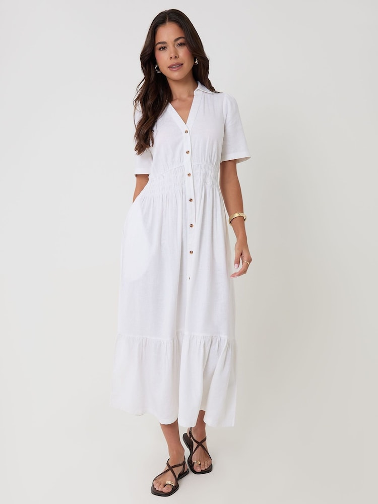 Threadbare White Tiered Linen Blend V-Neck Maxi Dress - Image 4 of 4 Threadbare White Tiered Linen Blend V-Neck Maxi Dress - Image 4 of 4
