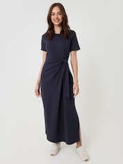 Threadbare Blue Tie Front Side Split Cotton Jersey Midi Dress - Image 1 of 4
