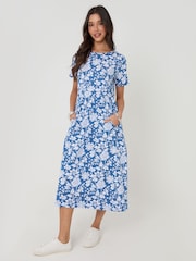 Threadbare Blue Petite Jersey Midi Smock Dress with Pockets - Image 1 of 4