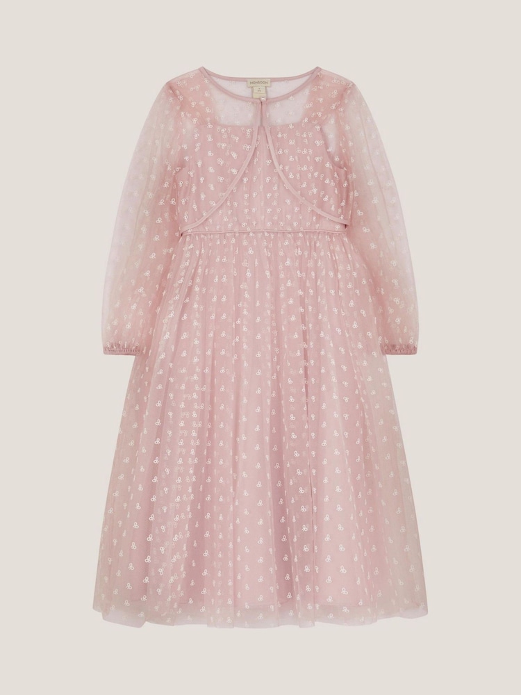 Monsoon Pink Bow Print Party Dress & Jacket Set - Image 1 of 3