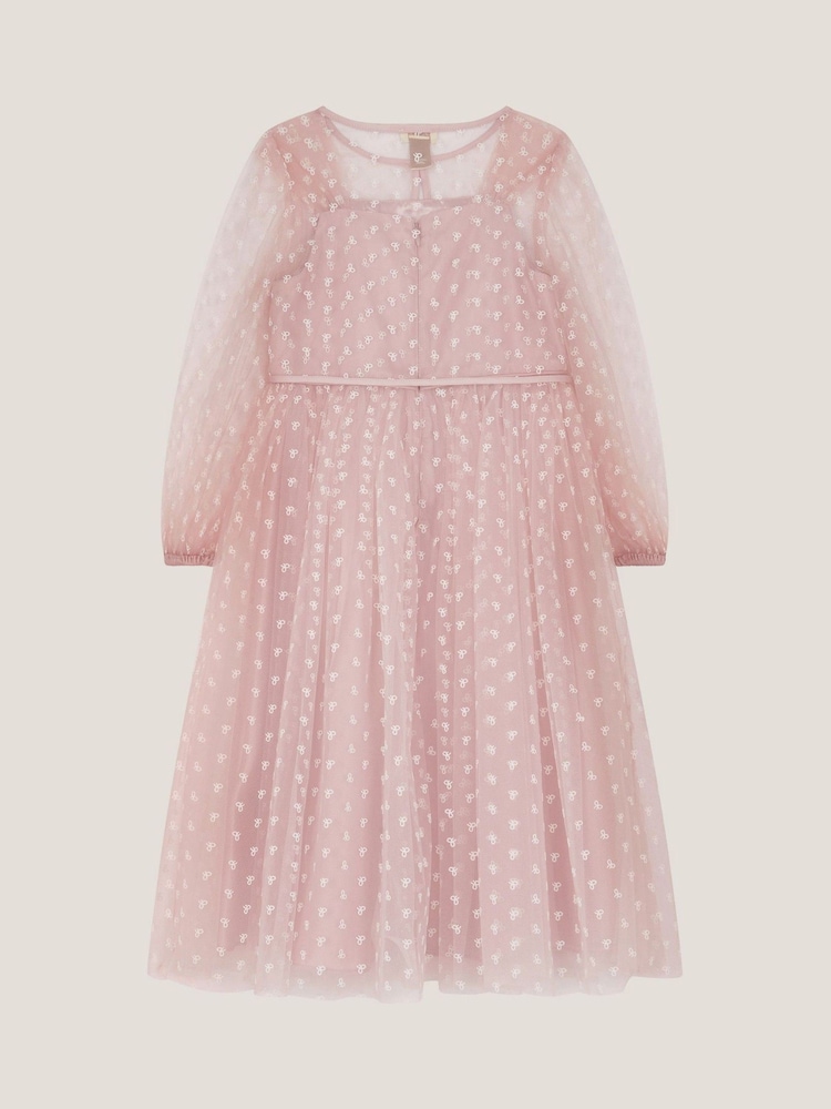 Monsoon Pink Bow Print Party Dress & Jacket Set - Image 2 of 3