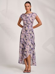 Jolie Moi Purple Asymmetric Draped Mesh Maxi Dress - Image 4 of 8