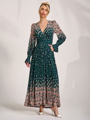 Jolie Moi Green Printed Mesh Long Sleeve Maxi Dress - Image 1 of 6