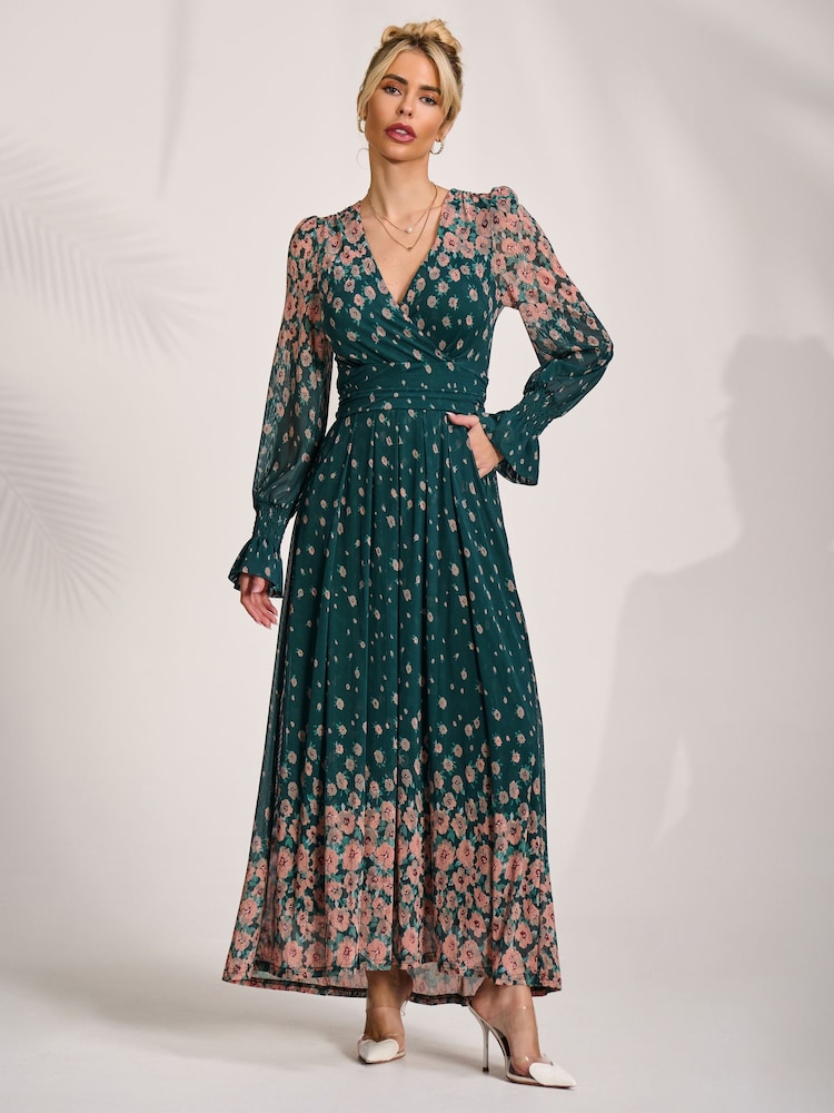 Jolie Moi Green Printed Mesh Long Sleeve Maxi Dress - Image 1 of 6