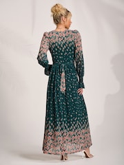 Jolie Moi Green Printed Mesh Long Sleeve Maxi Dress - Image 2 of 6