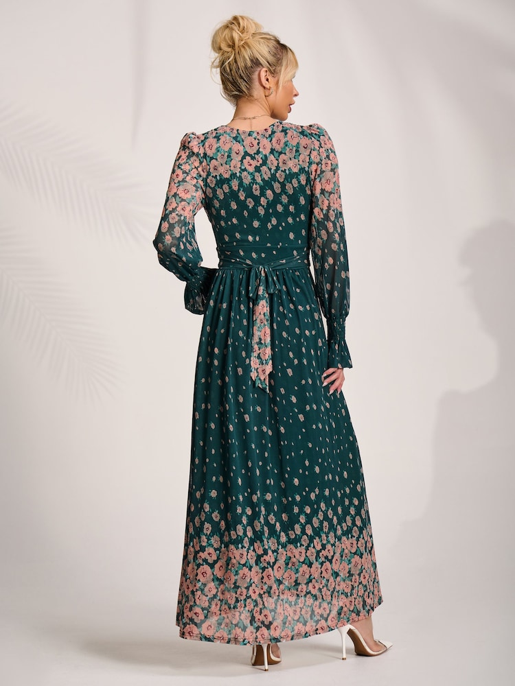 Jolie Moi Green Printed Mesh Long Sleeve Maxi Dress - Image 2 of 6