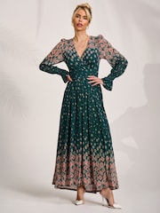 Jolie Moi Green Printed Mesh Long Sleeve Maxi Dress - Image 4 of 6