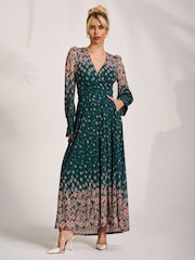 Jolie Moi Green Printed Mesh Long Sleeve Maxi Dress - Image 5 of 6