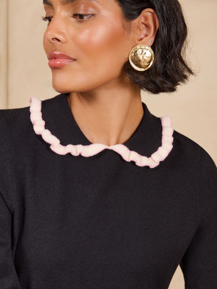 Love & Roses Black Ruffled Collar Long Sleeve Knitted Top - Image 2 of 5