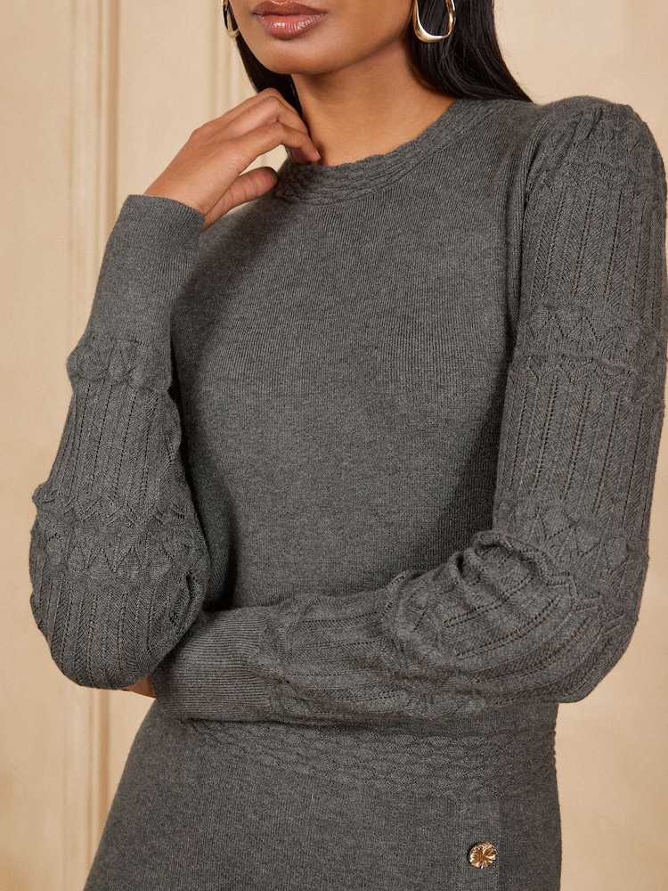 Love & Roses Grey High Neck Button Detail Knitted Mini Dress - Image 2 of 4
