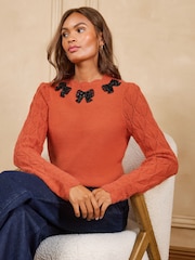 Love & Roses Orange Embellished Bow Detail Scalloped Neck Cosy Knitted Jumper - Image 1 of 4
