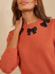 Love & Roses Orange Embellished Bow Detail Scalloped Neck Cosy Knitted Jumper - Image 2 of 4