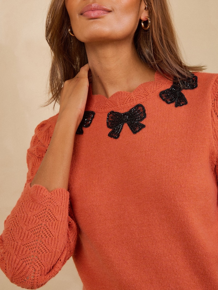 Love & Roses Orange Embellished Bow Detail Scalloped Neck Cosy Knitted Jumper - Image 2 of 4