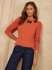 Love & Roses Orange Embellished Bow Detail Scalloped Neck Cosy Knitted Jumper - Image 4 of 4
