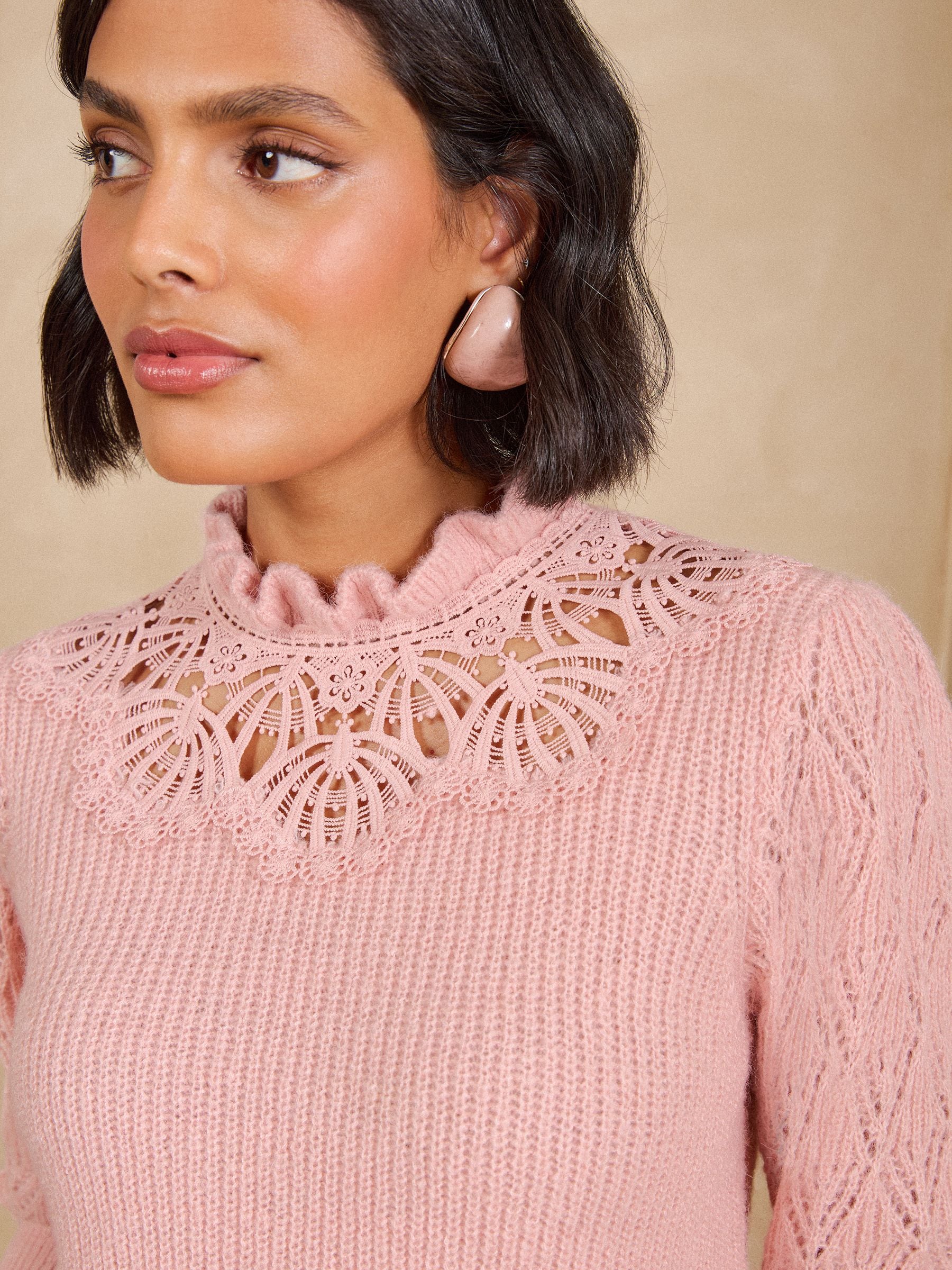 Buy Love & Roses Pink High Neck Lace Detail 3/4 Sleeve Knitted Top
