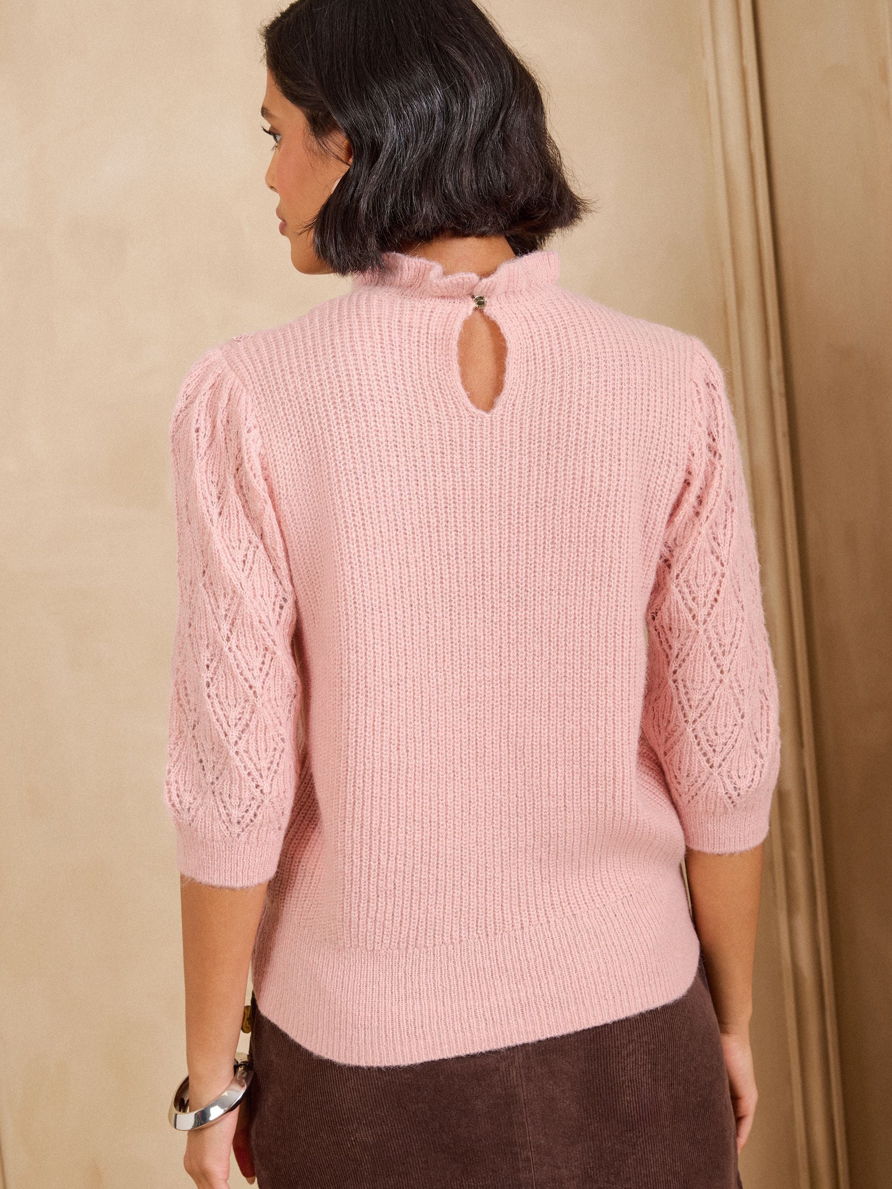 Buy Love & Roses Pink High Neck Lace Detail 3/4 Sleeve Knitted Top