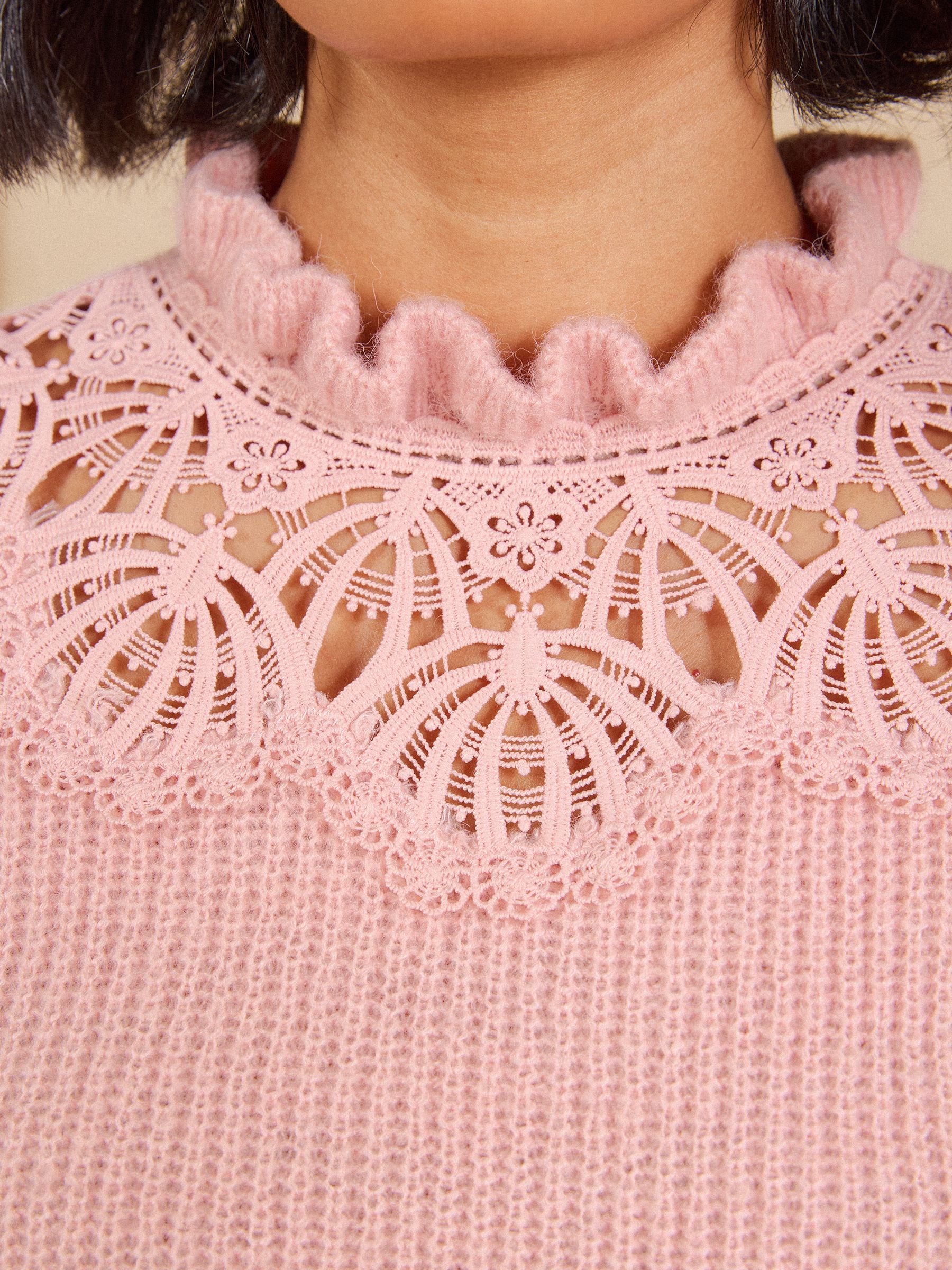 Buy Love & Roses Pink High Neck Lace Detail 3/4 Sleeve Knitted Top