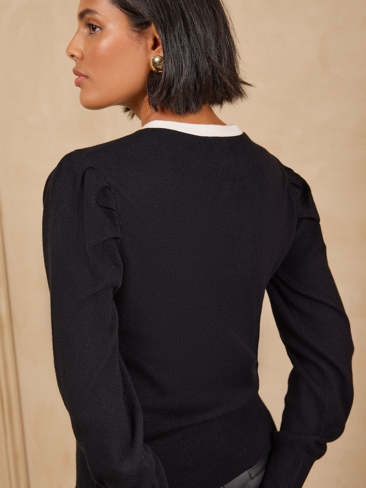 Love & Roses Monochrome Puff Sleeve Crew Neck Tie Detail Knitted Top - Image 5 of 5 Love & Roses Monochrome Puff Sleeve Crew Neck Tie Detail Knitted Top - Image 5 of 5
