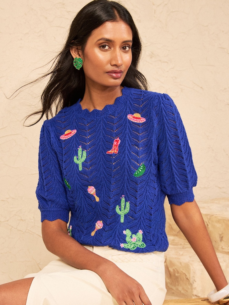 Love & Roses Cobalt Blue Western Embroidered Detail Knitted Top - Image 1 of 4