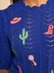 Love & Roses Cobalt Blue Western Embroidered Detail Knitted Top - Image 2 of 4