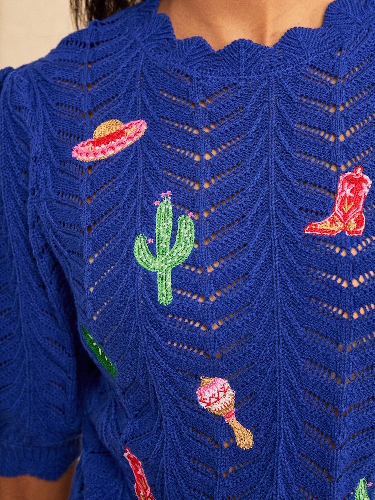Love & Roses Cobalt Blue Western Embroidered Detail Knitted Top - Image 2 of 4