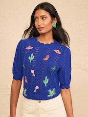 Love & Roses Cobalt Blue Western Embroidered Detail Knitted Top - Image 4 of 4