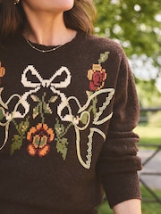 Love & Roses X Binky Chocolate Bow and Bird Embroidered Detail Crew Neck Cosy Jumper - Image 3 of 5
