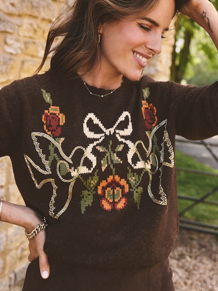 Love & Roses X Binky Chocolate Bow and Bird Embroidered Detail Crew Neck Cosy Jumper - Image 5 of 5 Love & Roses X Binky Chocolate Bow and Bird Embroidered Detail Crew Neck Cosy Jumper - Image 5 of 5