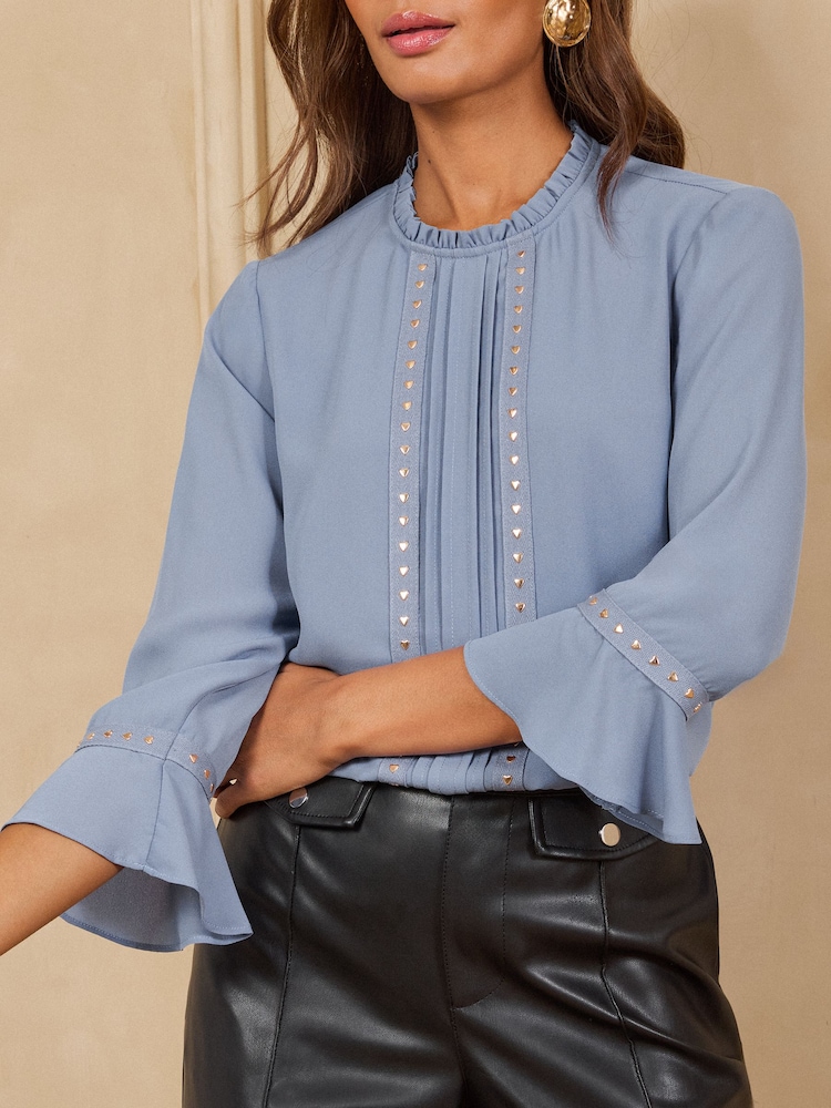 Love & Roses Steel Blue Petite Heart Hardware Detail Flute Sleeve Blouse - Image 2 of 4 Love & Roses Steel Blue Petite Heart Hardware Detail Flute Sleeve Blouse - Image 2 of 4