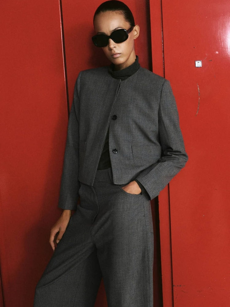 Mango Grey Check Cropped Tailored Jacket - Image 1 of 4