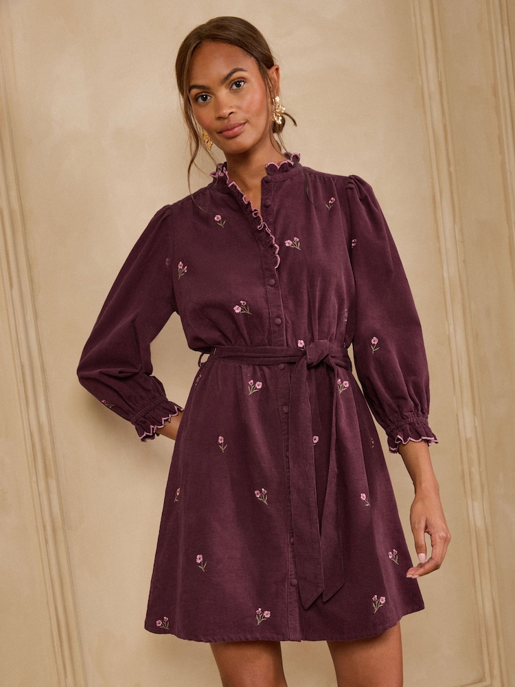 Love & Roses Burgundy Red Floral Emrboidered Cord Frill Collar Mini Dress - Image 1 of 4 Love & Roses Burgundy Red Floral Emrboidered Cord Frill Collar Mini Dress - Image 1 of 4